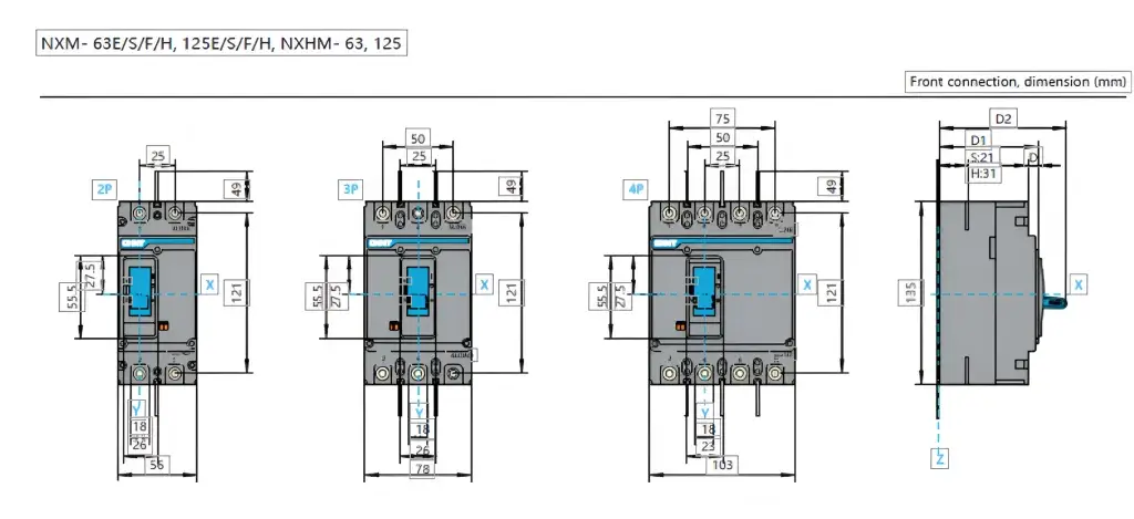 کلید اتوماتیک 63 آمپر غیر قابل تنظیم حرارتی- مغناطیسی (36KA) NXM-63F/3300 چینت